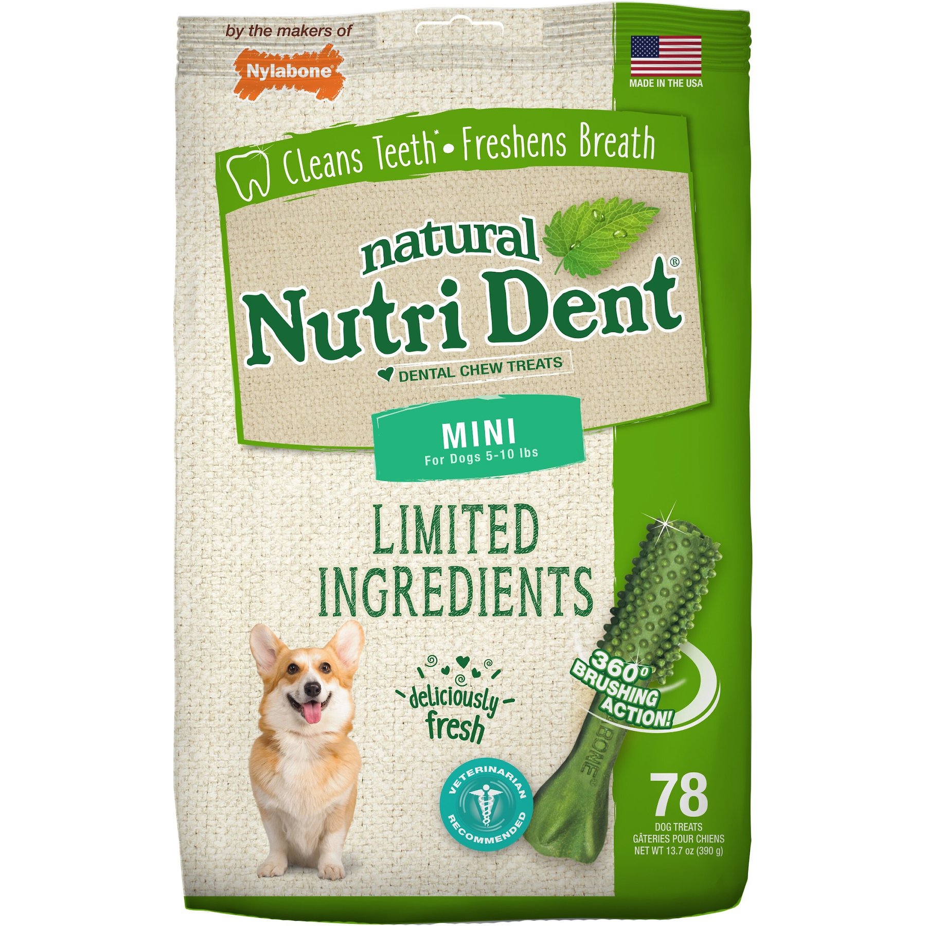Nylabone Nutri Dent Mini Limited Ingredients Fresh Breath Natural Dental Dog Treats, 78 count