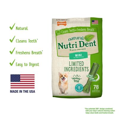 Show full view: Nylabone Nutri Dent Mini Limited Ingredients Fresh Breath Natural Dental Dog Treats, 78 count slide 9 of 12