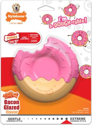 Nylabone Power Donut Bacon Glazed Flavor Tough Dog Chew Toy, Pink