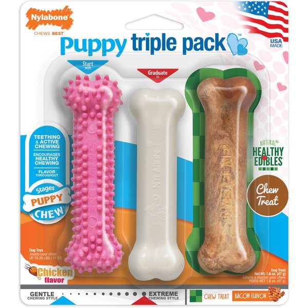 NYLABONE Puppy Chew Variety Toy Treat Triple Pack Pink, Small