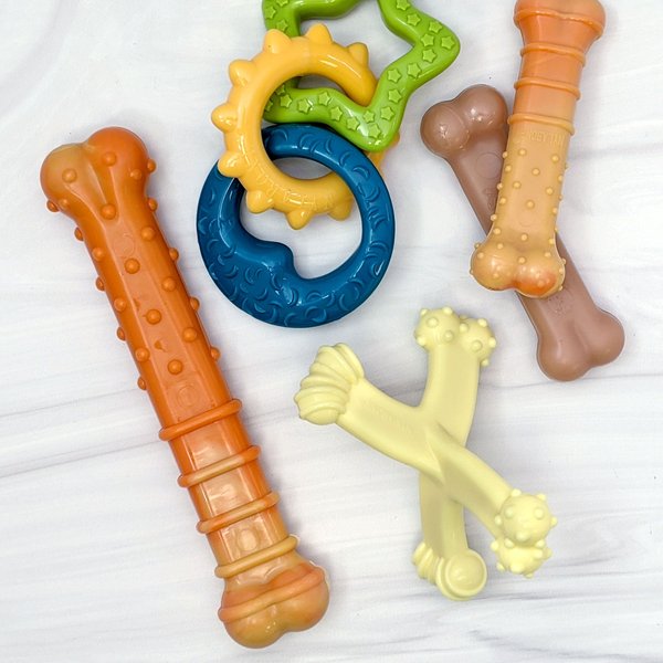 Nylabone Puppy Power Chew Teething Toy Rings Dogs Bacon Yellow
