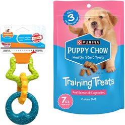 Nylabone Teething Rings Puppy Chew Toy & Puppy Chow Healthy Start Salmon Flavor Training Dog Treats