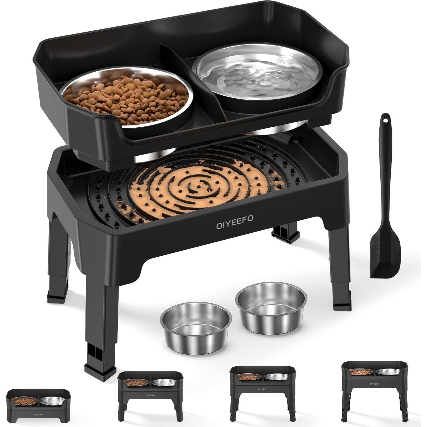 Oiyeefo 3-in-1 Mess-Proof Elevated Stainless Steel Dog Bowl with Licking Plate & Height Adjustable Stand, Black, 53-oz