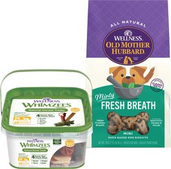 Old Mother Hubbard Mother's Solution's Minty Fresh Breath Baked Dog Treats, 20-oz bag + WHIMZEES Variety Pack Grain-Free Medium Dental Dog Treats, 28 count