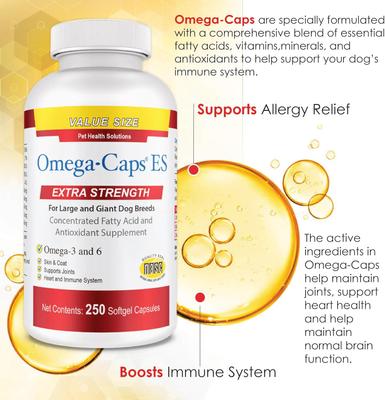 Show full view: Omega-Caps Extra Strength Skin Coat Joint Heart & Immune Health Softgel Capsules for Large Dogs, 250 count slide 3 of 12