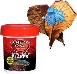 Omega One Betta Buffet Flakes Food + SunGrow Indian Almond Catappa Aquarium Fish Betta Leaves