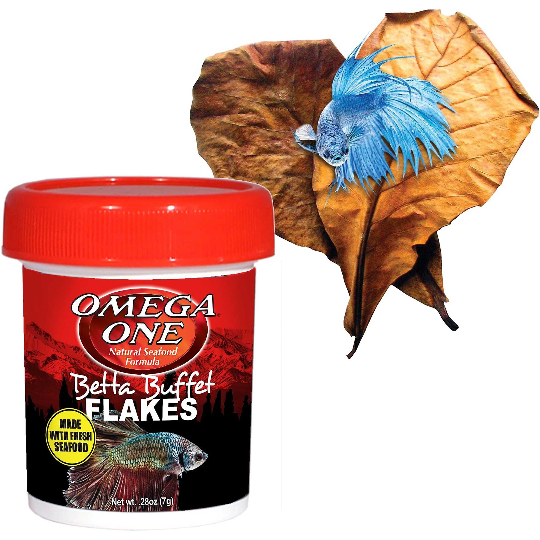 Omega One Betta Buffet Flakes Food + SunGrow Indian Almond Catappa Aquarium Fish Betta Leaves