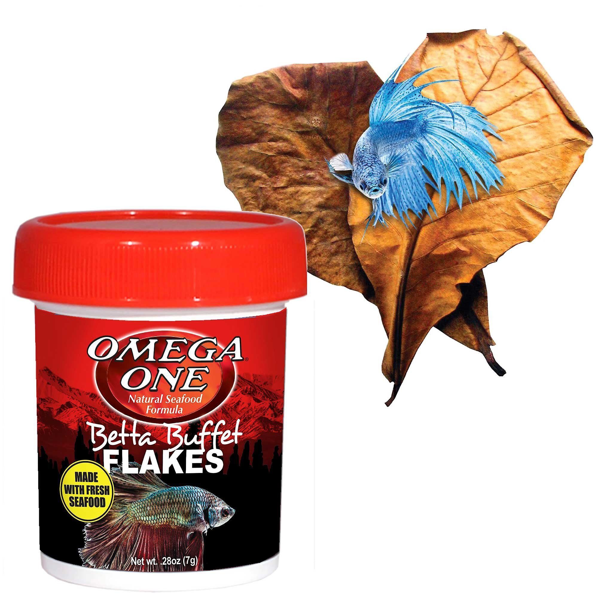 Omega One Betta Buffet Flakes Fish Food & SunGrow Betta Fish Indian Almond Leaves, Water Conditioner & Tank Treatment for Freshwater Aquarium