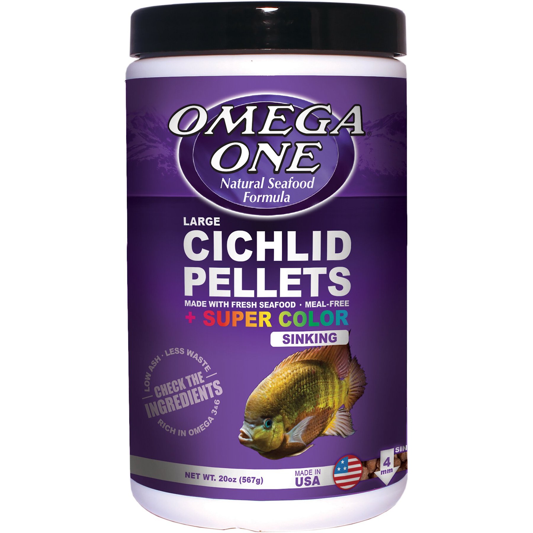 Omega One Super Color Large Cichlid Pellets Sinking Fish Food, 20-oz