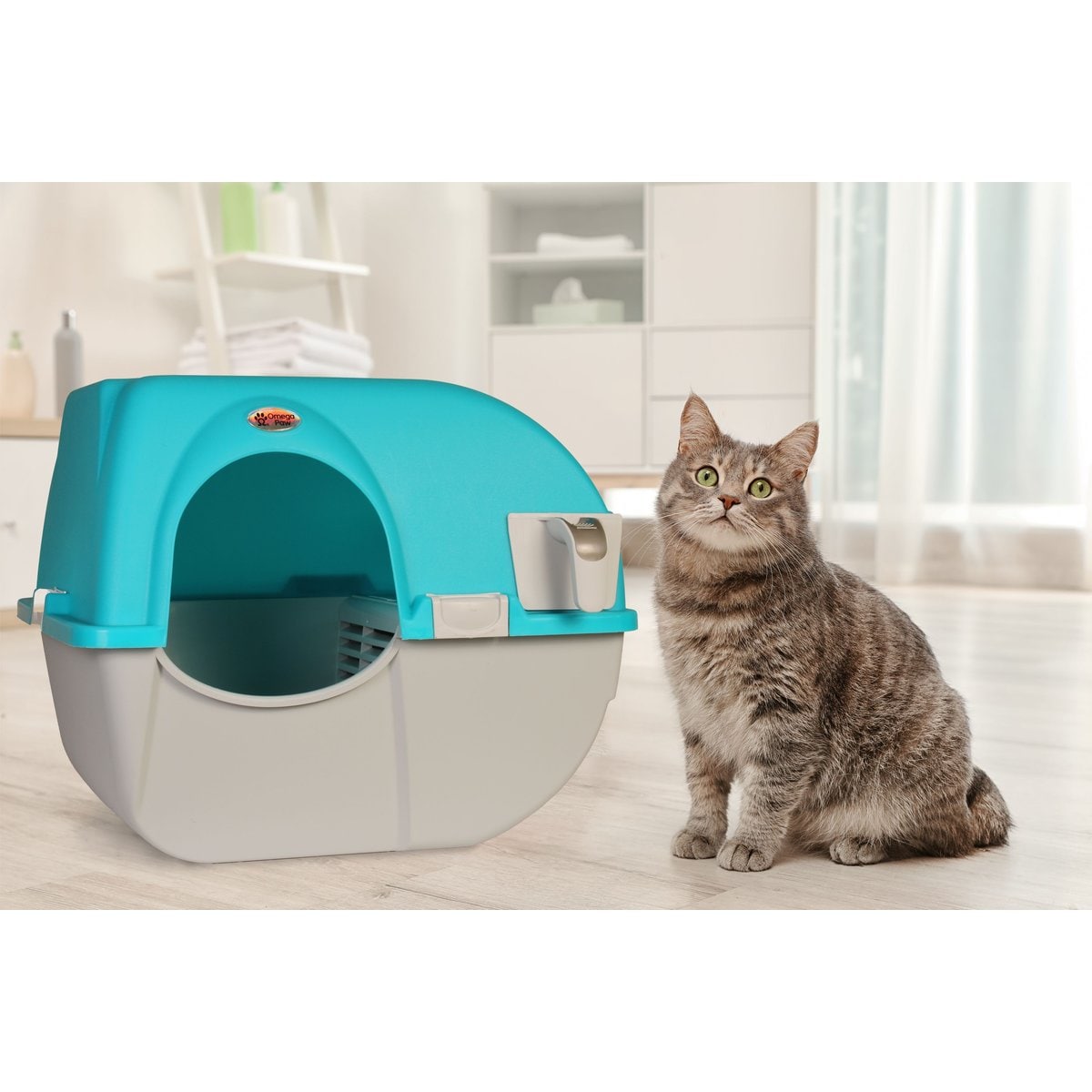 Omega Paw Roll 'n Clean Self Cleaning Cat Litter Box, Sky Blue, Regular