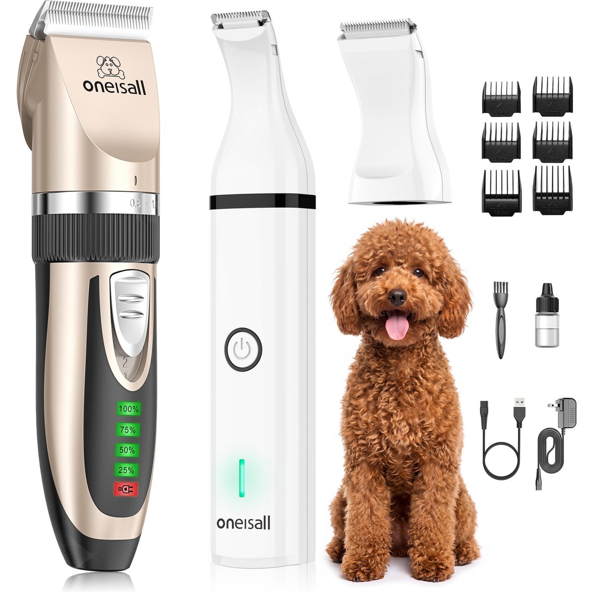 OneIsAll 2-in-1 Cordless Stainless Steel Low-Noise Dog & Cat Grooming Clipper & Paw Trimmer Kit