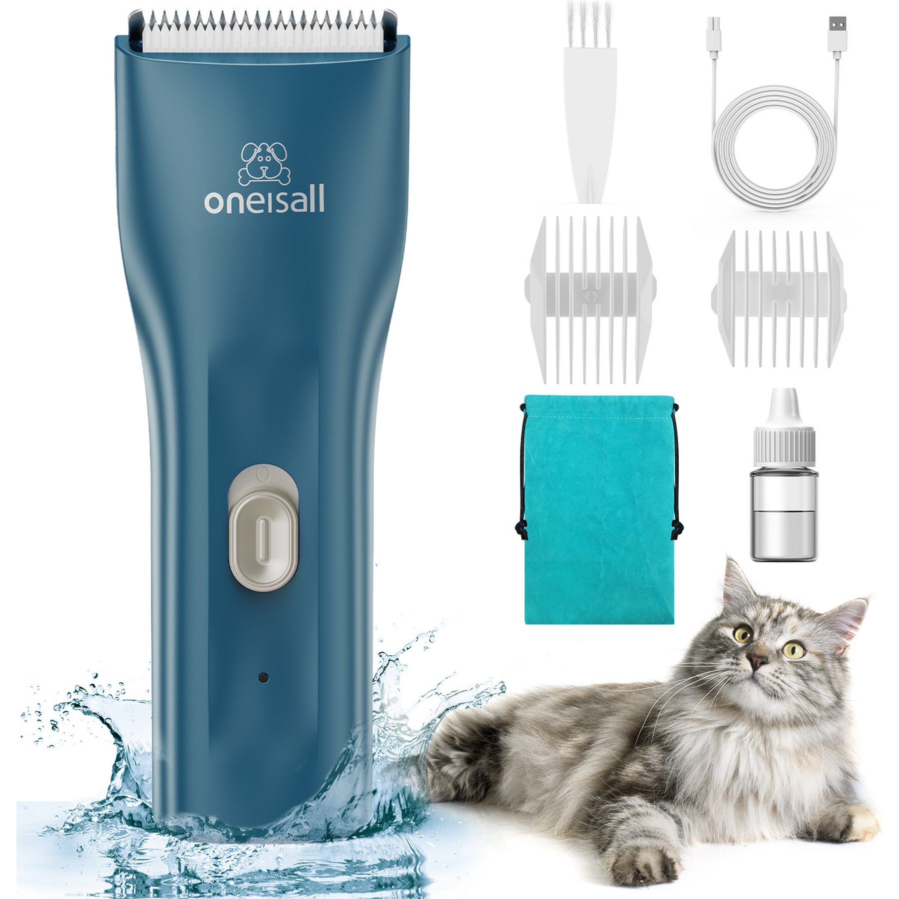 OneIsAll Quiet Pet Clippers Waterproof Cordless Cat Clipper with Storage Bag, Green