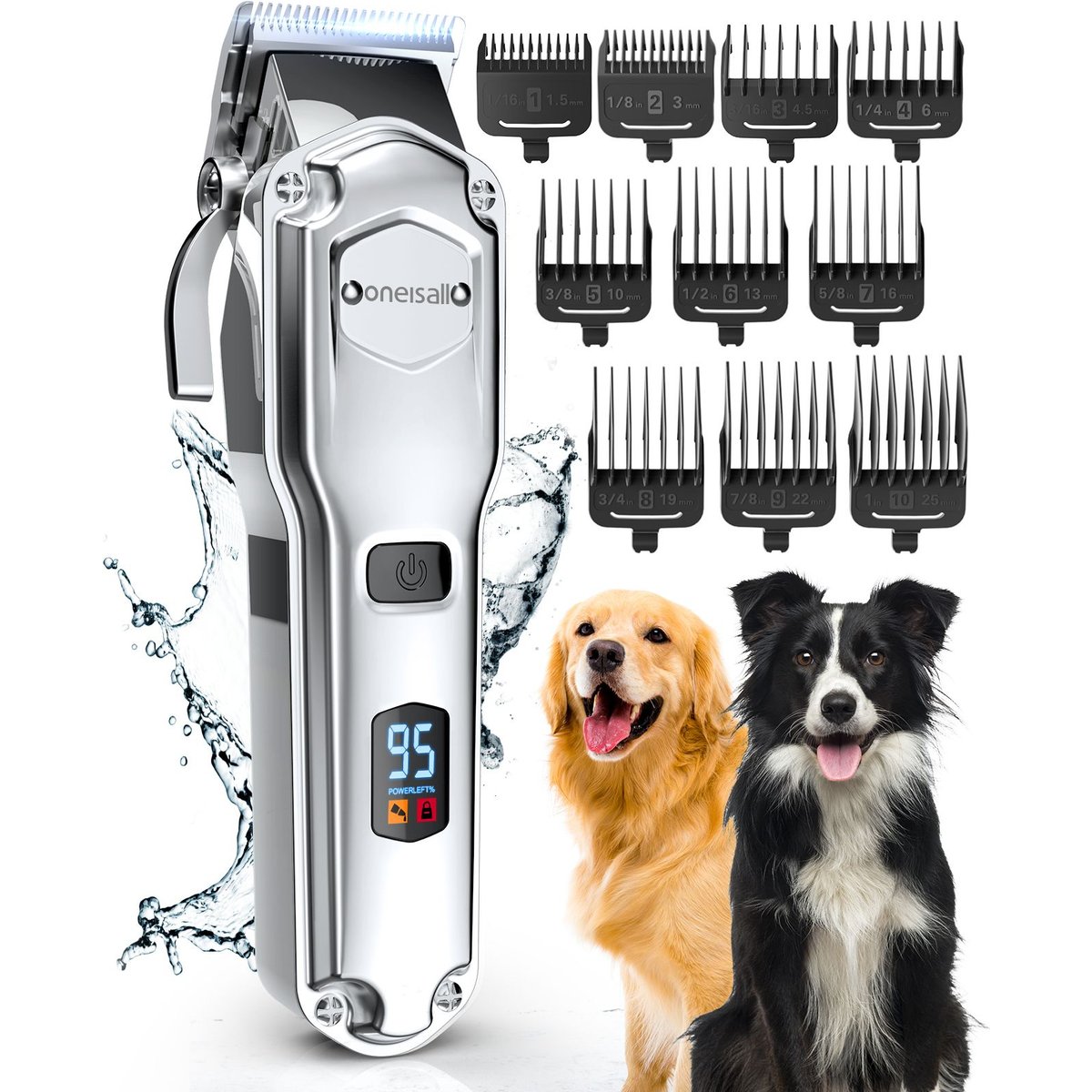 OneIsAll Cordless Stainless Steel Waterproof Dog Grooming Clipper, Silver