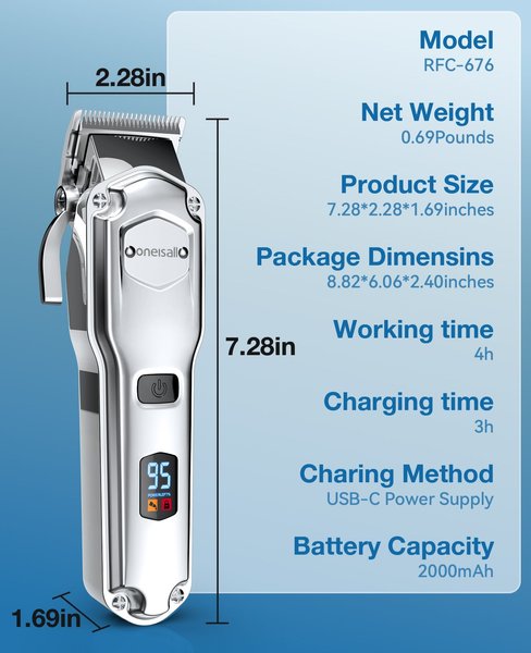 OneIsAll RFC-676 Cordless Stainless Steel Waterproof Dog Grooming Clipper, Silver