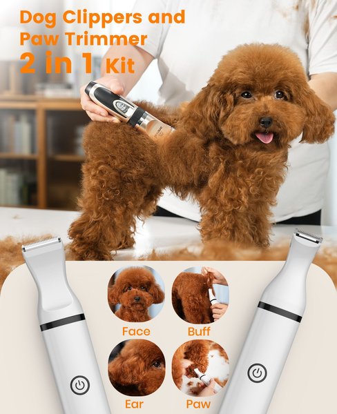 OneIsAll N12 4-in-1 Cordless Low Noise Paw Trimmer & Rechargeable Quiet Dog Grooming Kit with 2-Speed Clippers, White