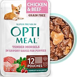 Optimeal Chicken & Beef Recipe Tender Morsels Grain-Free in Savory Sauce Puppy Wet Dog Food, 3-oz pouch, 12 count