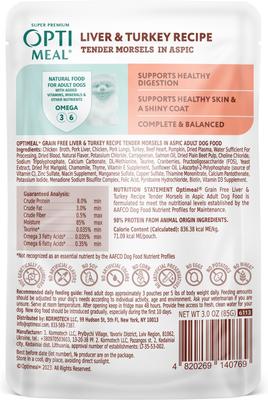 Show full view: Optimeal Liver & Turkey Recipe Tender Morsels Grain-Free in Aspic Adult Wet Dog Food, 3-oz pouch, 12 count slide 3 of 6