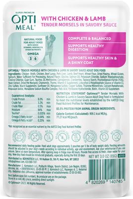 Show full view: Optimeal Tender Morsels with Chicken & Lamb in Savory Sauce Adult Wet Dog Food, 3-oz pouch, 12 count slide 3 of 6