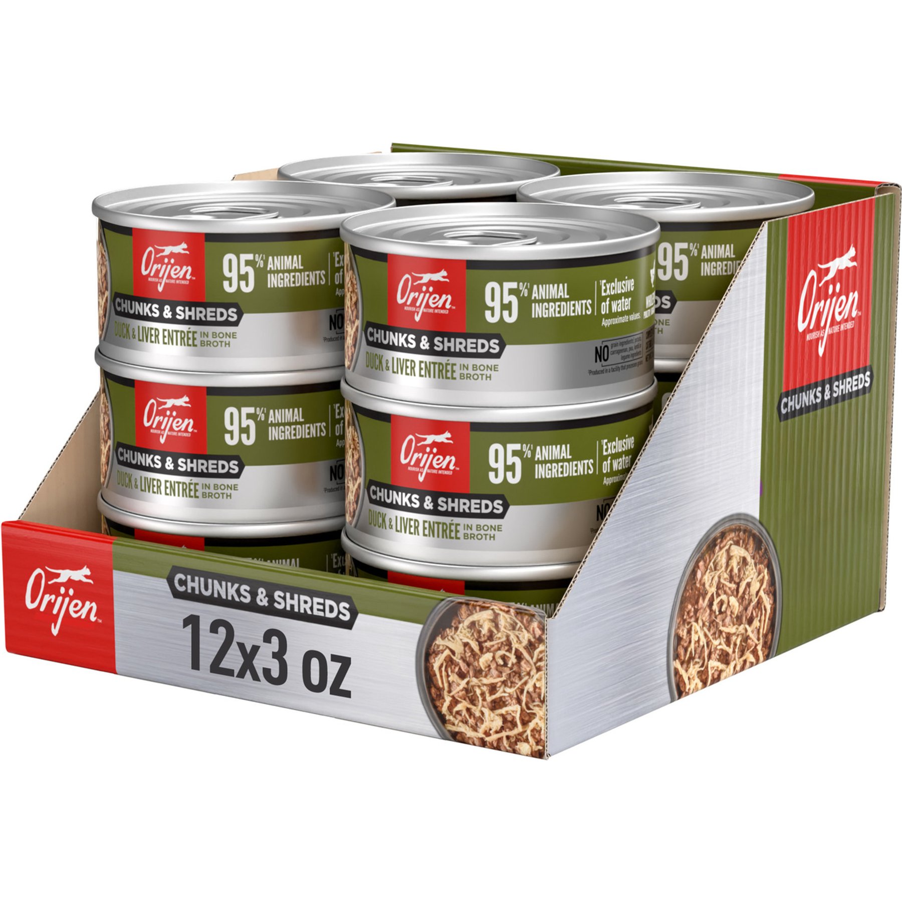 ORIJEN Duck & Liver Entree Chunks & Shreds Wet Cat Food, 3-oz can, case of 12
