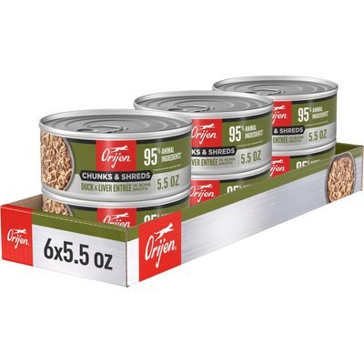 ORIJEN ORIJEN Duck & Liver Entree Chunks & Shreds Wet Cat Food, 5.5-oz can, case of 6