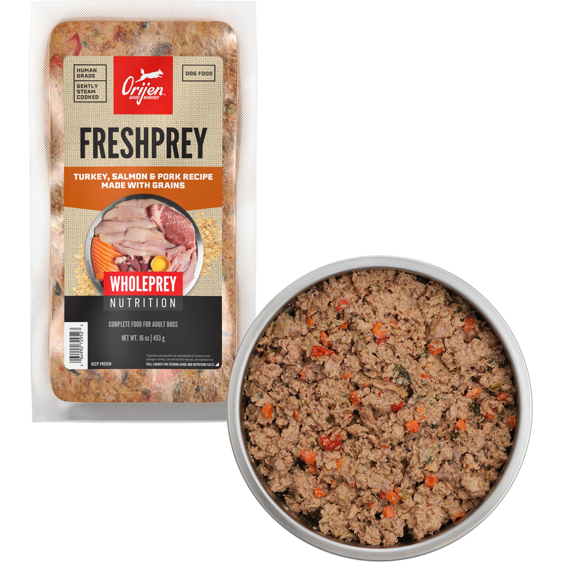 ORIJEN FRESHPREY Frozen Human-Grade Grain-Inclusive Turkey, Salmon & Pork Recipe Dog Food, 16-oz pouch, case of 7
