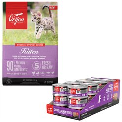ORIJEN Kitten Recipe Chicken + Salmon Entree in Bone Broth Wet Food + Free Run Chicken & Turkey, & Wild Caught Salmon & Herring Dry Kitten Food
