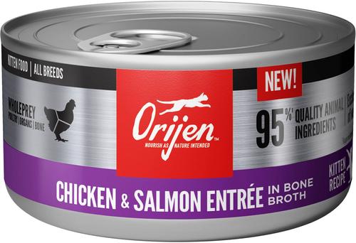Show full view: ORIJEN Kitten Recipe Chicken + Salmon Entree in Bone Broth Wet Food + Free Run Chicken & Turkey, & Wild Caught Salmon & Herring Dry Kitten Food slide 5 of 9