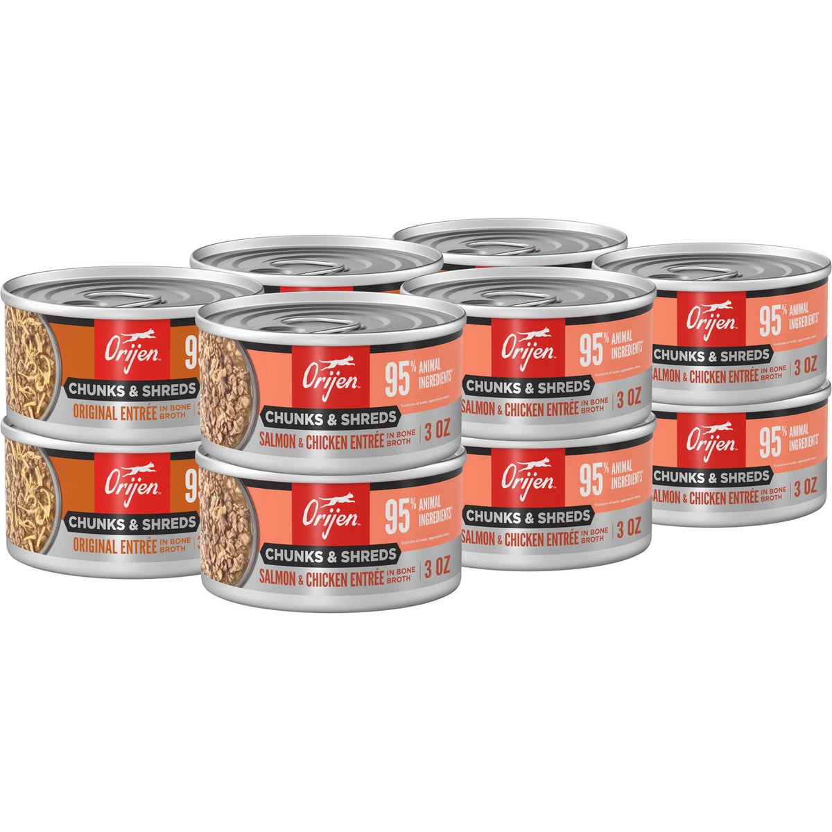 ORIJEN Original Chunks & Shreds Variety Pack Salmon & Chicken Entrees Wet Cat Food, 3-oz can, case of 12