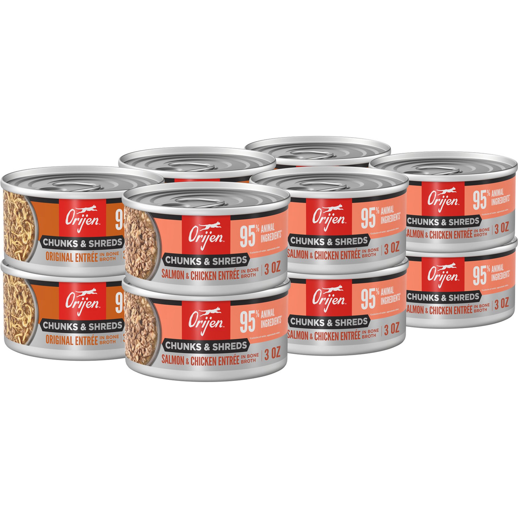 ORIJEN Original Chunks & Shreds Variety Pack Salmon & Chicken Entrees Wet Cat Food, 3-oz can, case of 12