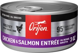 ORIJEN Premium Chicken & Salmon Entree in Bone Broth Pate Wet Kitten Cat Food, 3-oz can, case of 24
