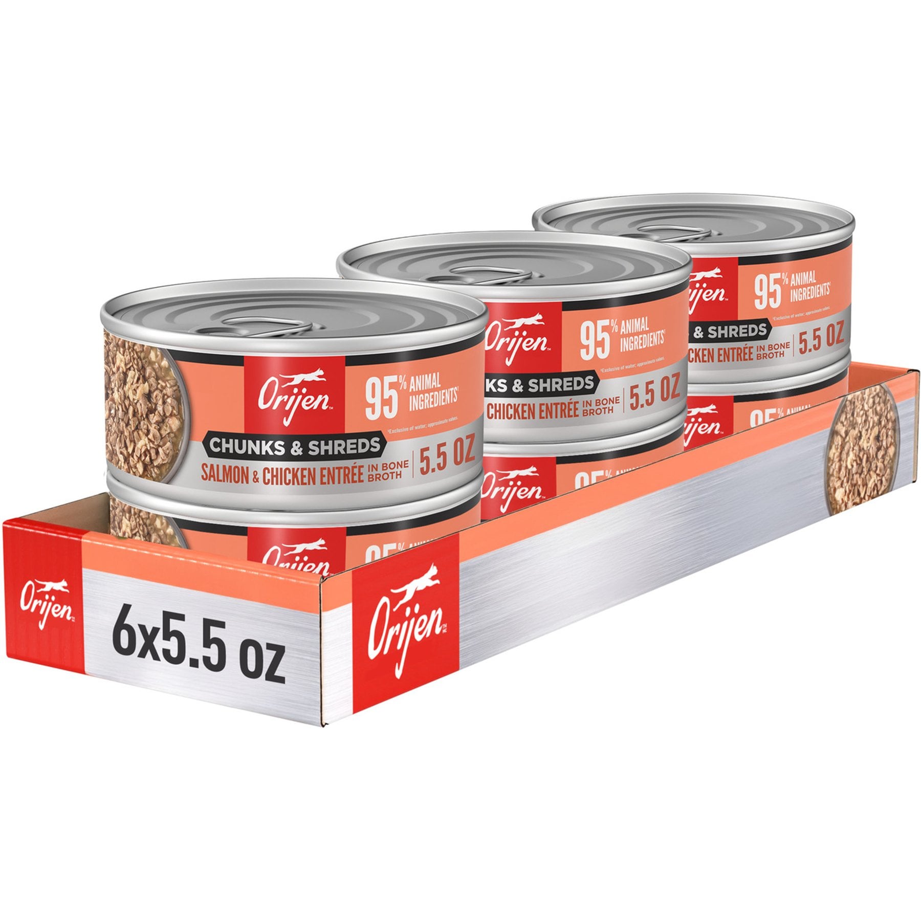 ORIJEN Salmon & Chicken Entree Chunks & Shreds Wet Cat Food, 5.5-oz can, case of 6