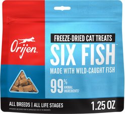 ORIJEN Six Fish Grain-Free High-Protein Raw Animal Ingredients Freeze-Dried Cat Treats, 1.25-oz bag slide 1 of 6