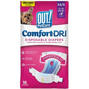 OUT! Petcare Disposable Female Dog Diapers, Extra Small/Small: 13 to 18-in waist, 16 count