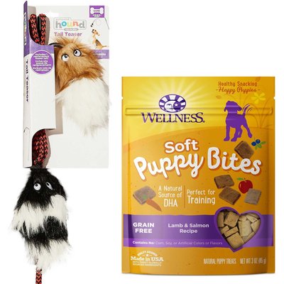 Outward Hound Outward Hound Tail Teaser with Refill Dog & Cat Teaser Toy + Wellness Soft Puppy Bites Lamb & Salmon Recipe Grain-Free Dog Treats, 3-oz pouch