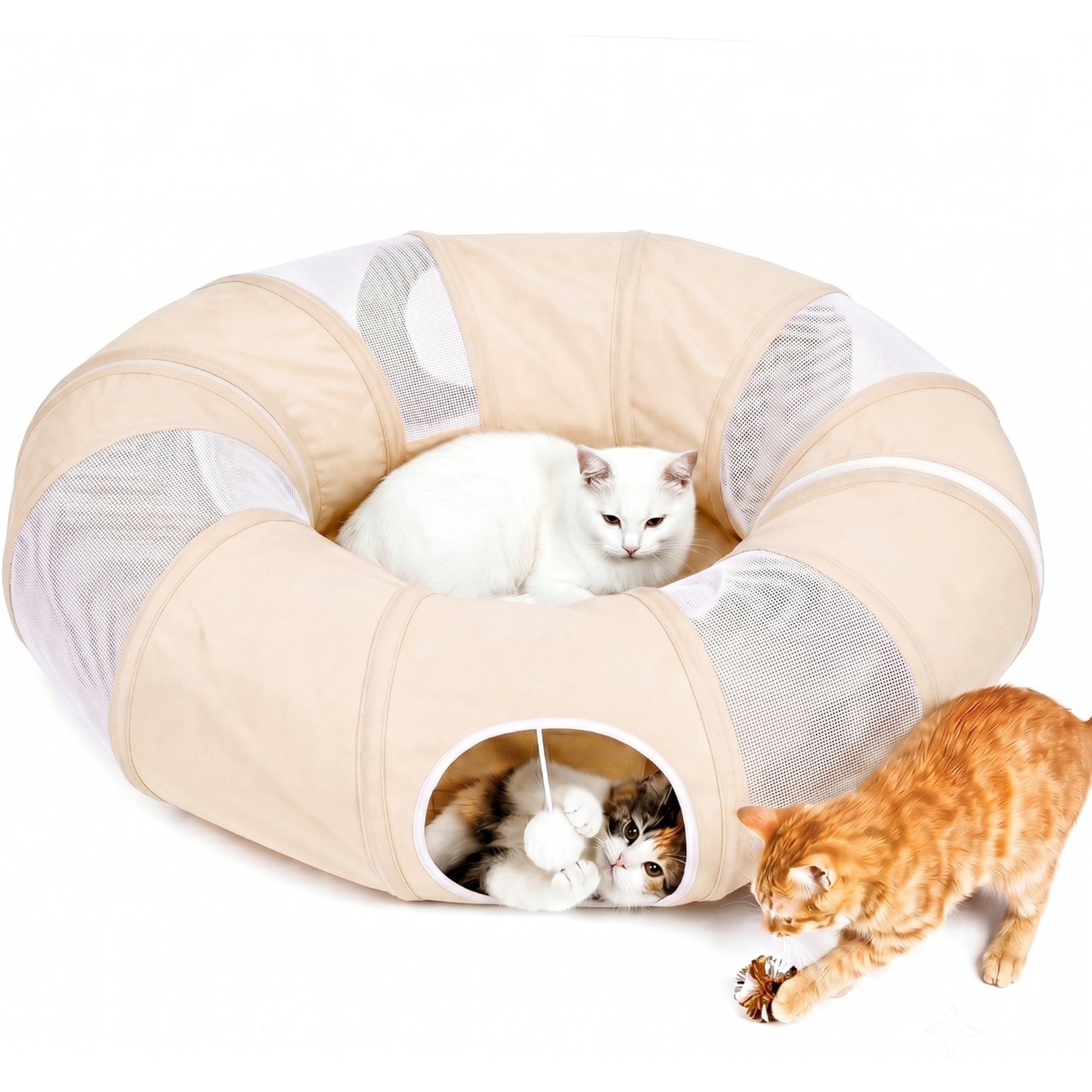 Ownpets Playing Tunnel with Breathing Mesh Cat Toy, Beige