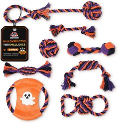Pacific Pups Rescue Hallowen Frisbee Variety Pack Rope Tug Dog Toy, Black/Orange/White, Small/Medium, 8 count