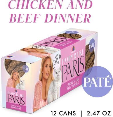Show full view: Pamper Like Paris Chicken & Beef Dinner Grain-Free Pate Wet Cat Food, 2.47-oz can, case of 12 slide 3 of 10