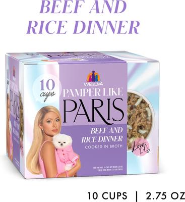 Show full view: Pamper Like Paris Non-GMO Beef & Rice Dinner Shredded Wet Dog Food, 2.75-oz cup, case of 10 slide 3 of 11