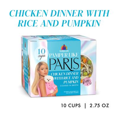 Show full view: Pamper Like Paris Non-GMO Chicken Dinner with Rice & Pumpkin Shredded Wet Dog Food, 2.75-oz cup, case of 10 slide 3 of 11