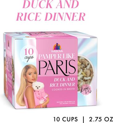 Show full view: Pamper Like Paris Non-GMO Duck & Rice Dinner Shredded Wet Dog Food, 2.75-oz cup, case of 10 slide 3 of 11