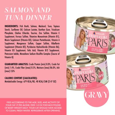Show full view: Pamper Like Paris Salmon & Tuna Dinner Grain-Free Shredded Wet Cat Food, 2.47-oz can, case of 12 slide 5 of 11
