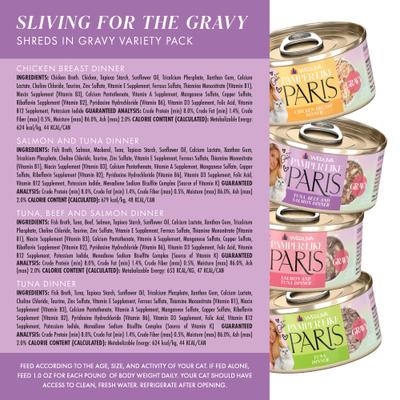 Show full view: Pamper Like Paris Sliving for The Gravy Variety Pack Grain-Free Shredded Wet Cat Food, 2.47-oz can, case of 12 slide 6 of 11