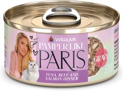Pamper Like Paris Tuna, Beef, & Salmon Dinner Grain-Free Shredded Wet Cat Food, 2.47-oz can, case of 12