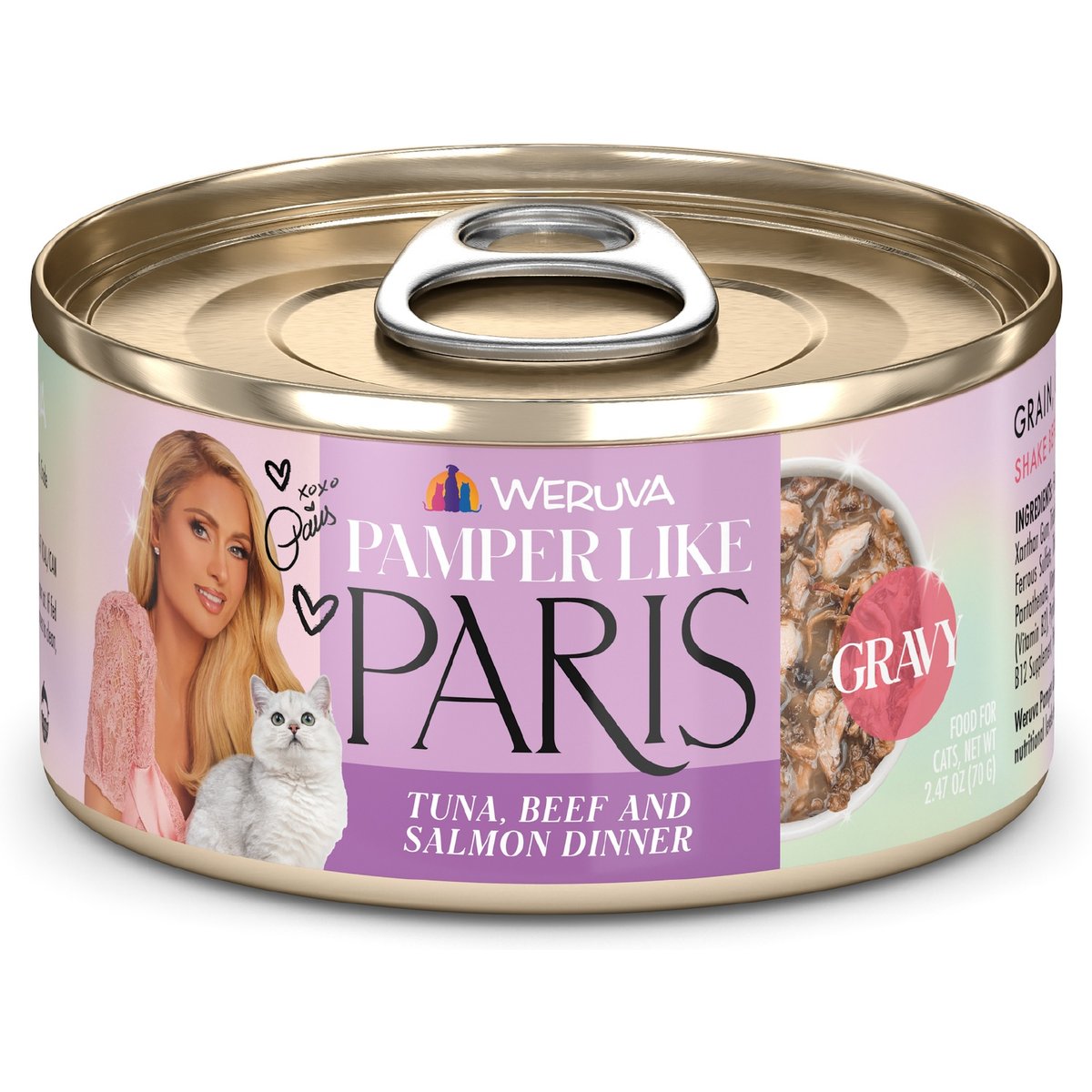 Pamper Like Paris Tuna, Beef, & Salmon Dinner Grain-Free Shredded Wet Cat Food, 2.47-oz can, case of 12