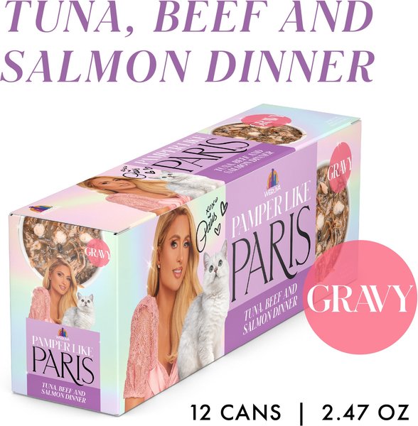 Pamper Like Paris Tuna, Beef, & Salmon Dinner Grain-Free Shredded Wet Cat Food, 2.47-oz can, case of 12