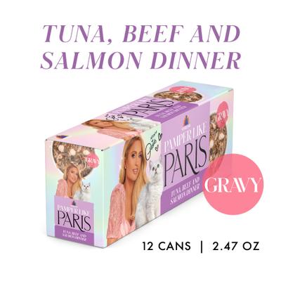 Show full view: Pamper Like Paris Tuna, Beef, & Salmon Dinner Grain-Free Shredded Wet Cat Food, 2.47-oz can, case of 12 slide 3 of 11