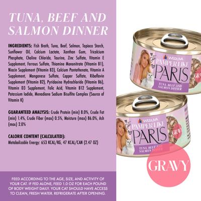 Show full view: Pamper Like Paris Tuna, Beef, & Salmon Dinner Grain-Free Shredded Wet Cat Food, 2.47-oz can, case of 12 slide 5 of 11