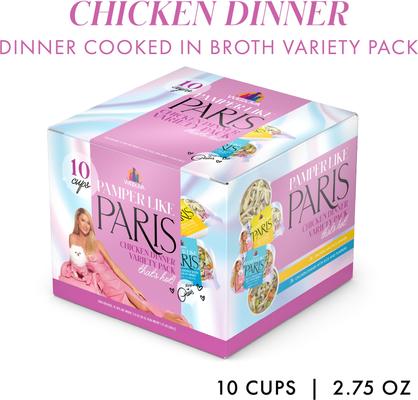 Show full view: Pamper Like Paris Variety Pack Non-GMO Chicken Dinner Shredded Wet Dog Food, 2.75-oz cup, case of 10 slide 3 of 11