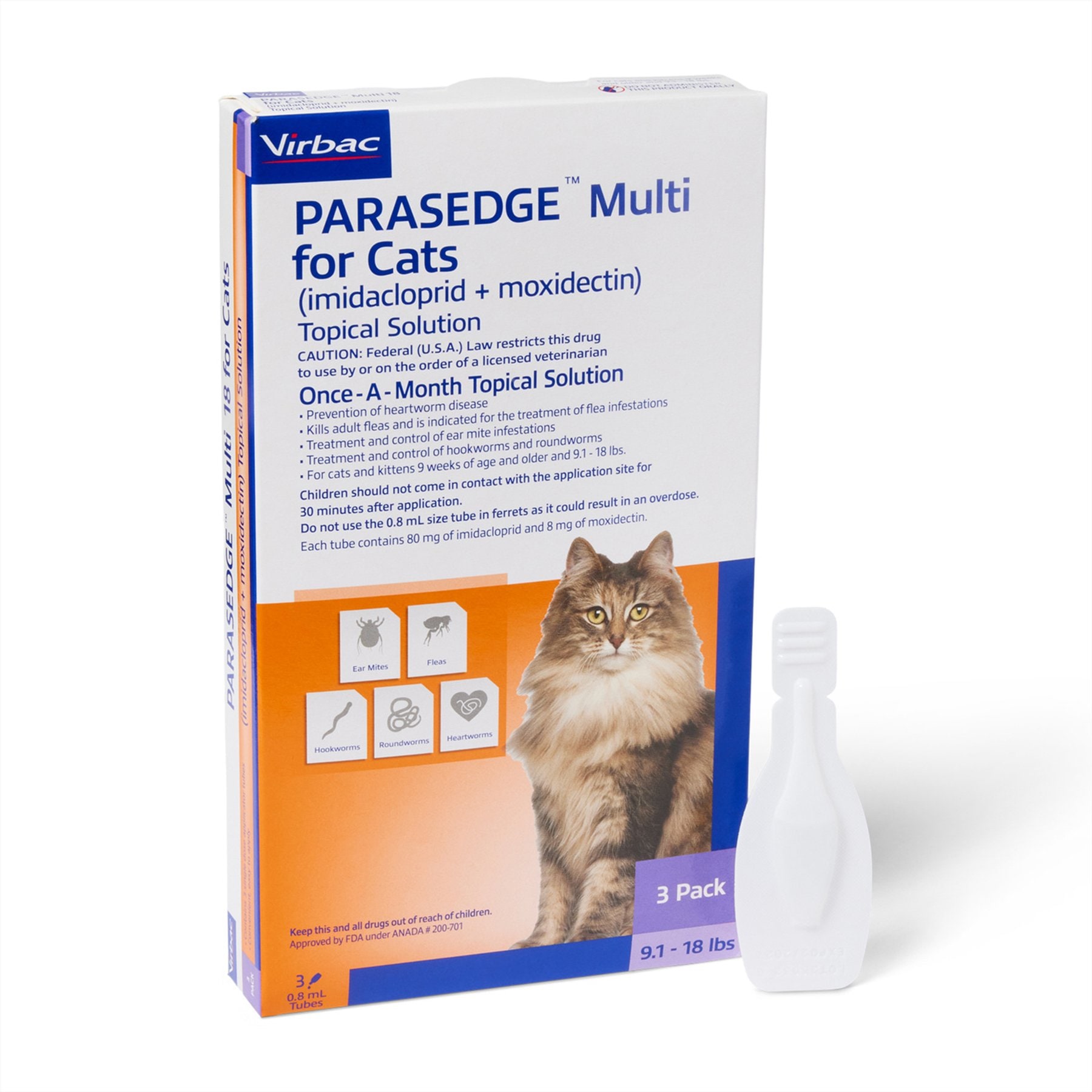 PARASEDGE Multi Topical Solution for Cats, 9.1-18 lbs (Purple Box), 3 Doses (3-mos. supply)