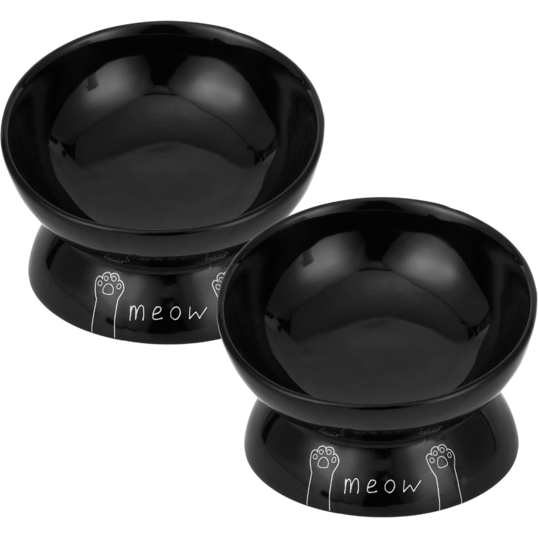 Park Life Designs Meow Design Ceramic Elevated Cat Bowls, 2 count, Black, 1-cup